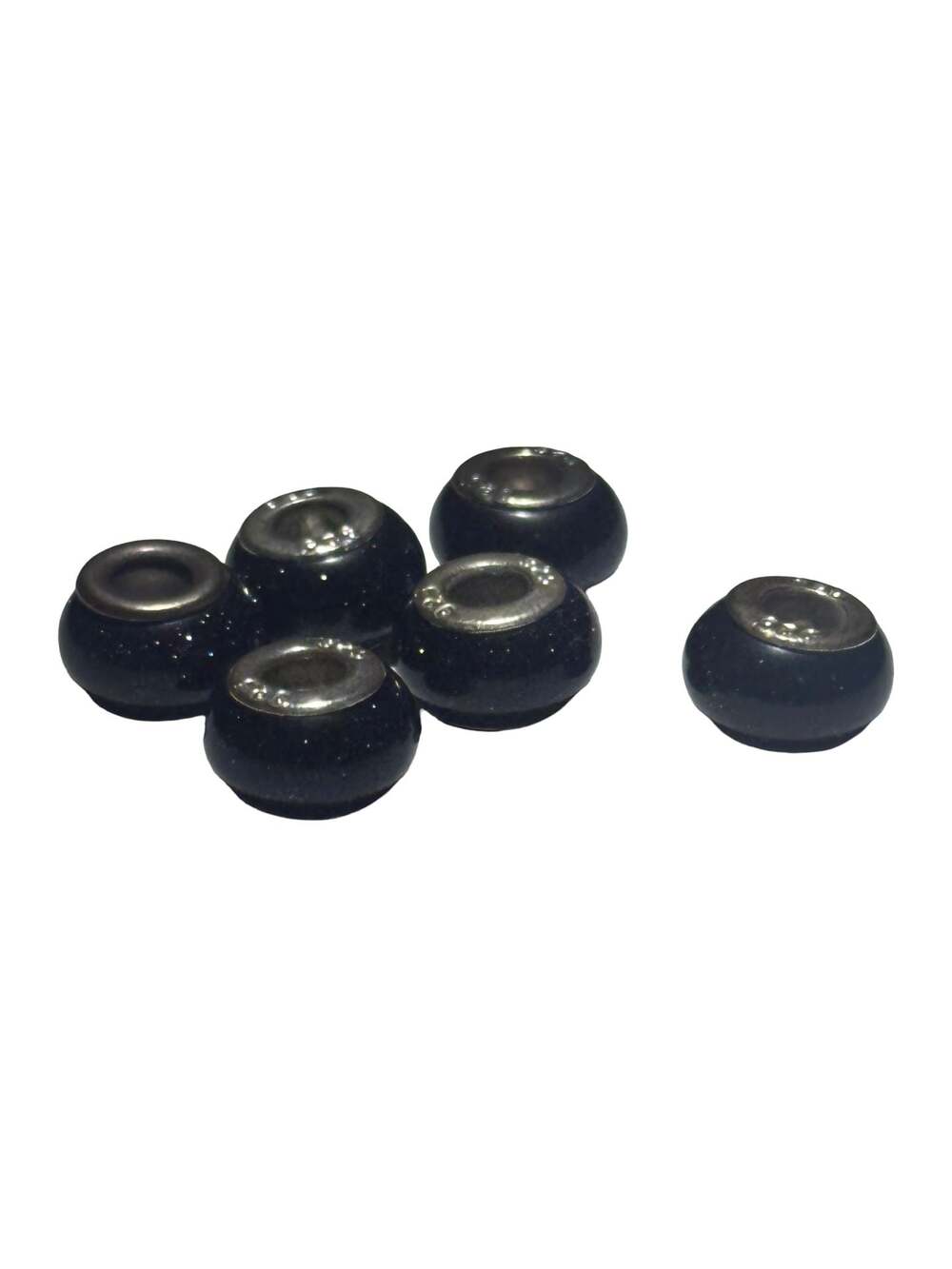 Lot of 6 Dark Blue Sparkle Sandstone Large Hole Eurobeads with 925 Silver Cores